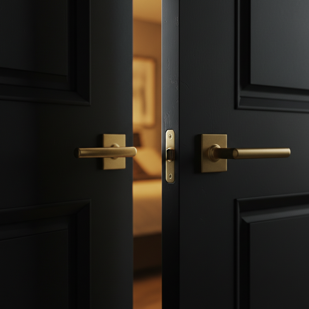 A close-up of a sleek, modern door handle in brushed brass on a deep, matte obsidian door, slightly ajar to reveal only a sliver of warm, golden light spilling from the unseen room beyond. The edge of the doorframe is sharply in focus, showing subtle wear and texture, while the interior remains softly blurred, suggesting a hidden, inviting space. The lighting is low and atmospheric, with the warm backlight creating gentle rim lighting along the handle and door edge. Photographic realism, shot from a slightly low angle with an intimate, cinematic feel, capturing the moment of deciding whether to step through into a discreet, intriguing encounter.
