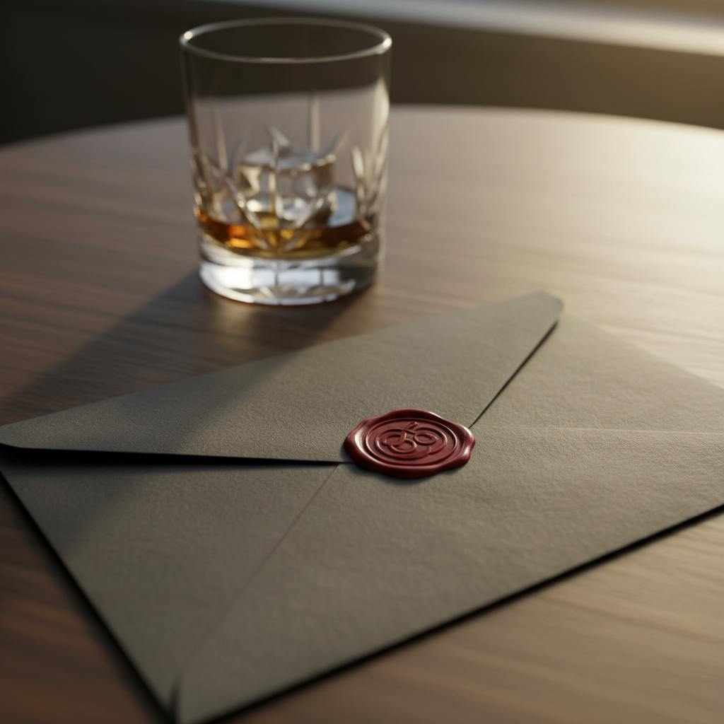 A closed, heavy charcoal-grey envelope made of thick, textured paper rests on a smooth, dark walnut table. The envelope is sealed with a minimalist wax seal bearing an abstract, circular emblem, hinting at a private invitation without showing any text. In the background, a crystal lowball glass with a single melting ice cube catches soft, warm side lighting, its reflections slightly blurred. The scene is lit by dim, golden hour light from an unseen window, creating long, soft shadows and a moody, intimate atmosphere. Photographic realism, shot at eye level with a shallow depth of field so the envelope is in crisp focus while the background fades into a gentle bokeh, conveying sophistication, discretion, and quiet anticipation.