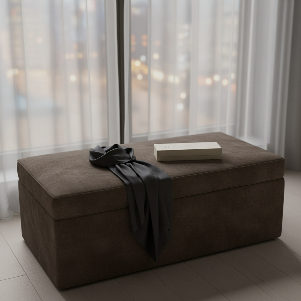 A minimal, softly lit bedroom corner featuring a low, upholstered bench in deep taupe velvet positioned beneath a tall, sheer-curtained window. On the bench sits a folded, luxurious dark silk scarf and a slim, closed, unmarked box in matte ivory, their textures subtly contrasting. The late evening city glow filters through the sheer curtains, casting a diffused, silvery light across the fabrics and creating gentle, elongated shadows on the floor. Photographic realism, shot at eye level with a shallow depth of field that keeps the bench and objects in focus while the background falls away. The mood is intimate yet tasteful, evoking quiet chemistry, discretion, and a private invitation to shared enjoyment without revealing anything explicit.