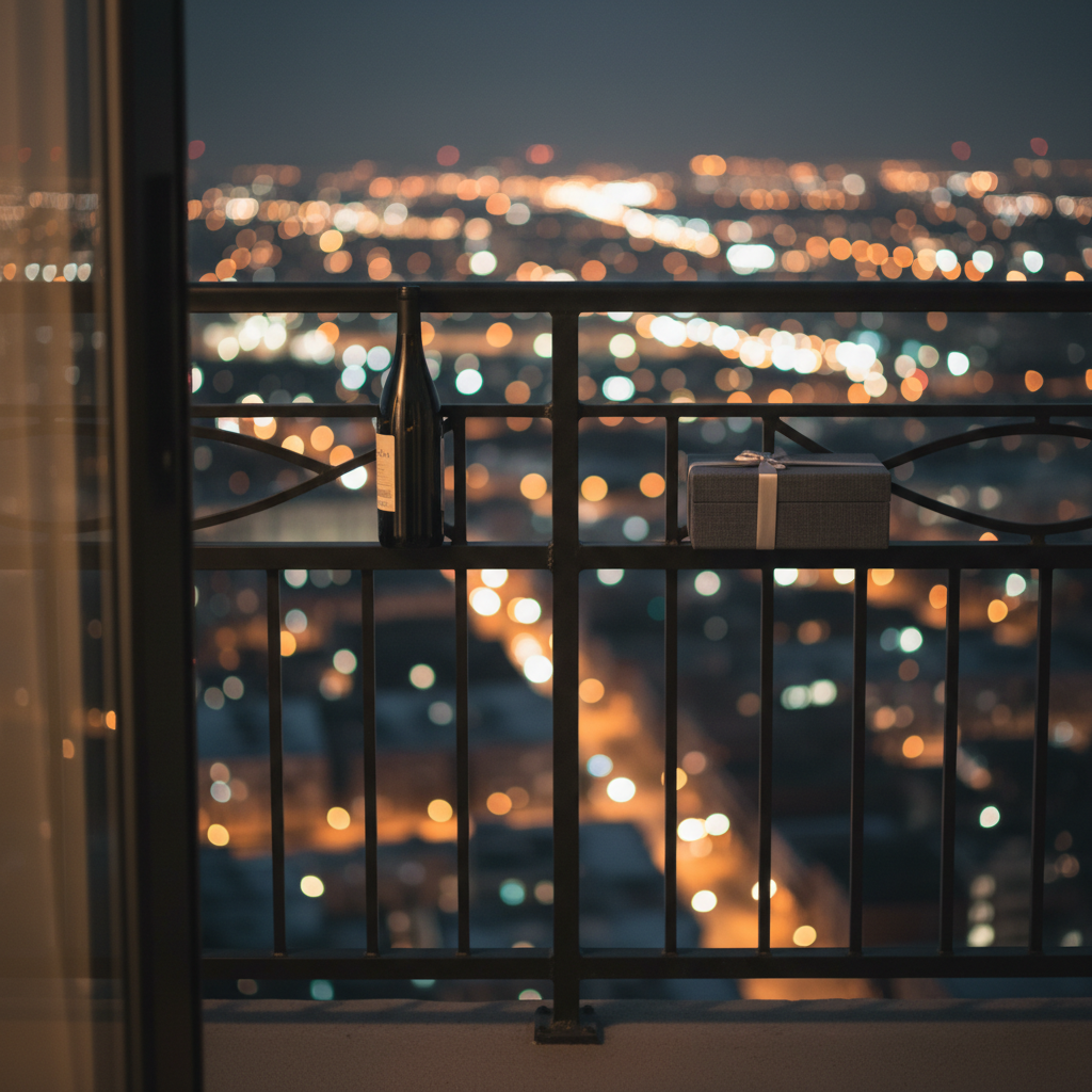 A pair of neighboring balcony railings on a high-floor city apartment at night, crafted from matte black metal with simple, elegant lines, separated by a narrow gap. On one railing rests a single, slim wine bottle with the label turned away, and on the other, a small, closed, dark linen-bound box tied with a thin satin ribbon. The distant city lights below form a soft, colorful bokeh, with cool blues and warm ambers blending together. Gentle ambient night lighting and a faint glow from an unseen interior create a quiet, cinematic atmosphere. Photographic realism, composed with an asymmetrical balance and moderate depth of field, suggesting two private worlds drawn together by a discreet, mutual curiosity.