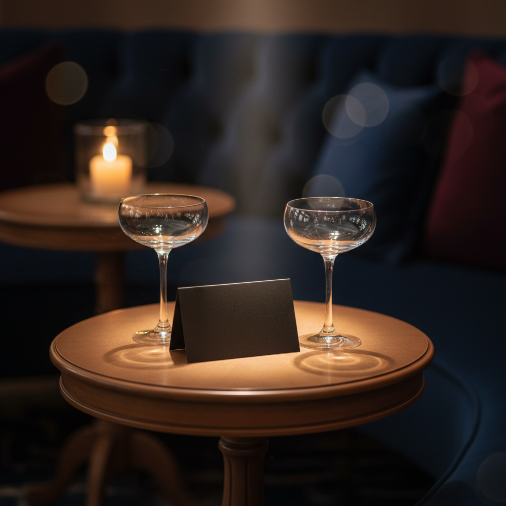An elegant, small round table in a dimly lit lounge holds two empty, crystal coupe glasses positioned slightly toward each other, their thin stems and etched patterns catching a subtle warm glow. Between them lies a folded, matte-black card with no visible text, its surface gently illuminated to suggest a secret invitation. The background shows out-of-focus hints of dark velvet seating and a single candle in a glass holder, creating tiny points of bokeh. Soft, directional lighting from above and slightly behind the glasses creates delicate highlights and understated reflections. Photographic realism, composed using the rule of thirds with a shallow depth of field, evoking a sophisticated, private connection grounded in curiosity and shared anticipation.