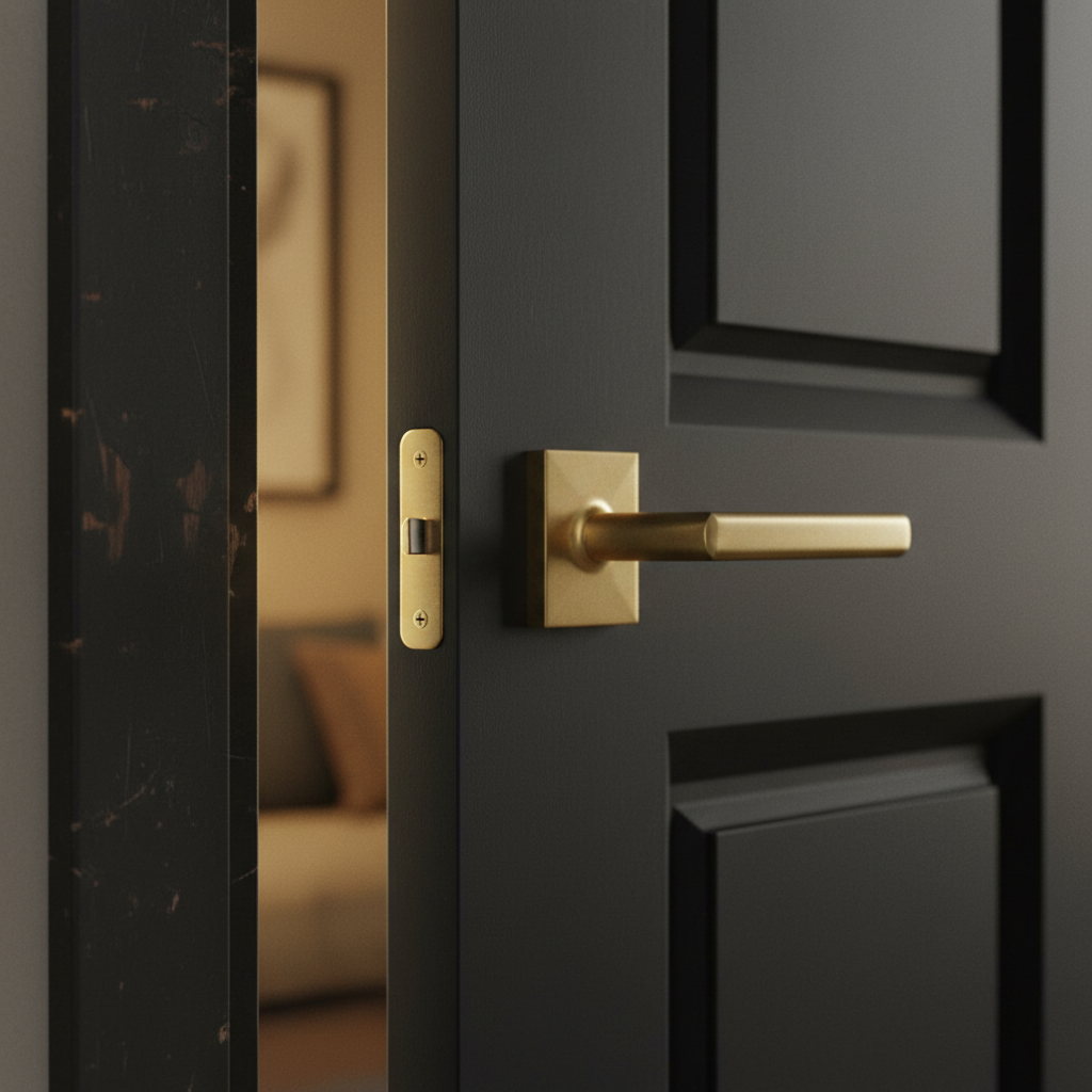 A close-up of a sleek, modern door handle in brushed brass on a deep, matte obsidian door, slightly ajar to reveal only a sliver of warm, golden light spilling from the unseen room beyond. The edge of the doorframe is sharply in focus, showing subtle wear and texture, while the interior remains softly blurred, suggesting a hidden, inviting space. The lighting is low and atmospheric, with the warm backlight creating gentle rim lighting along the handle and door edge. Photographic realism, shot from a slightly low angle with an intimate, cinematic feel, capturing the moment of deciding whether to step through into a discreet, intriguing encounter.
